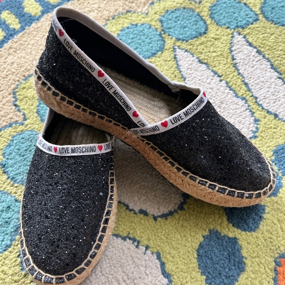 LOVE MOSCHINO BLACK Sequins ESPADRILLES Size 38 excellent but shows wear - Picture 4 of 5